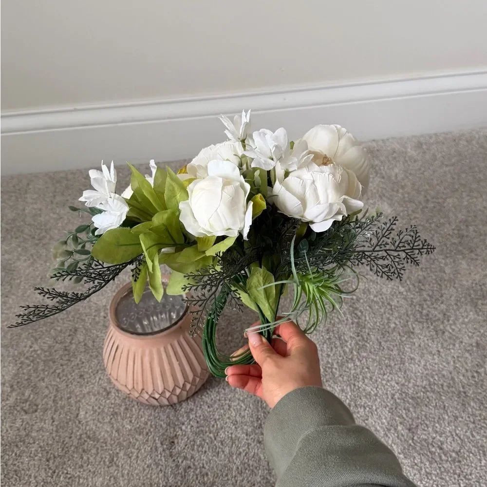 Pottery Barn White Peony Floral Arrangement in Blush Ceramic Vase